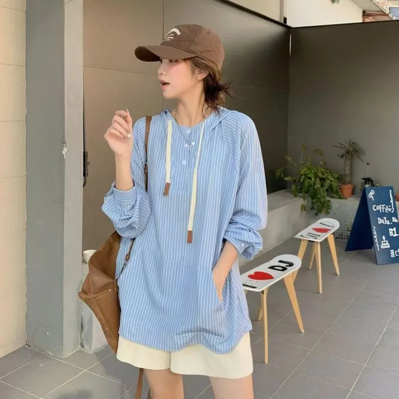 Japanese Style Blue Stripe Hooded Shirts Women Man Spring Autumn Long Sleeves Loose Casual Hoodies Vintage All-matched Coat Tops