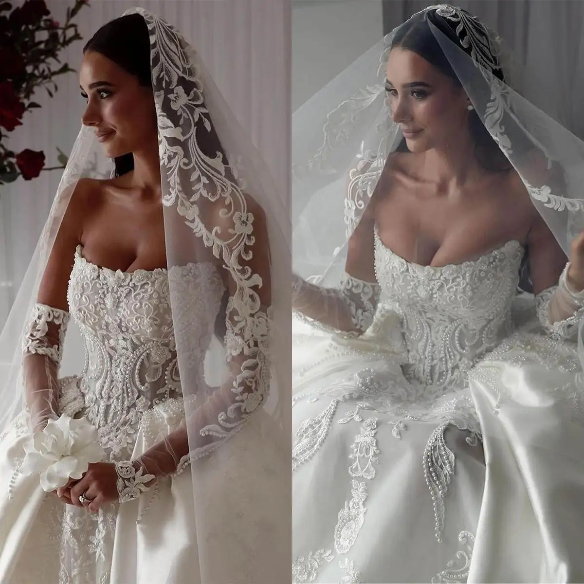 Wunderschöne Brautkleider mit Applikationen, trägerloses Perlen-Hochzeitskleid, abnehmbarer Zug, individuell gestaltete Perlen-Spitze-Illusion, Vestido de Novia