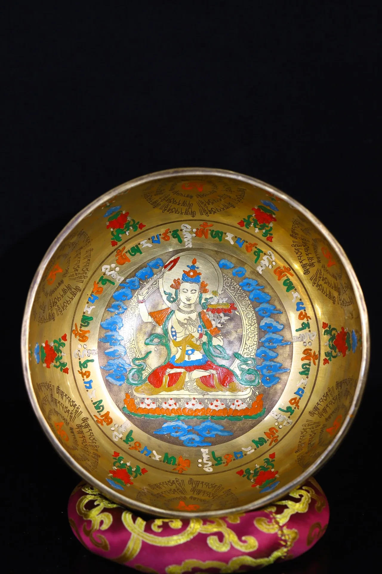 

9"Tibetan Temple Collection Old Bronze Painted Manjushri Bodhisattva Buddha Buddhist Music Bowl Worship Hall Town house