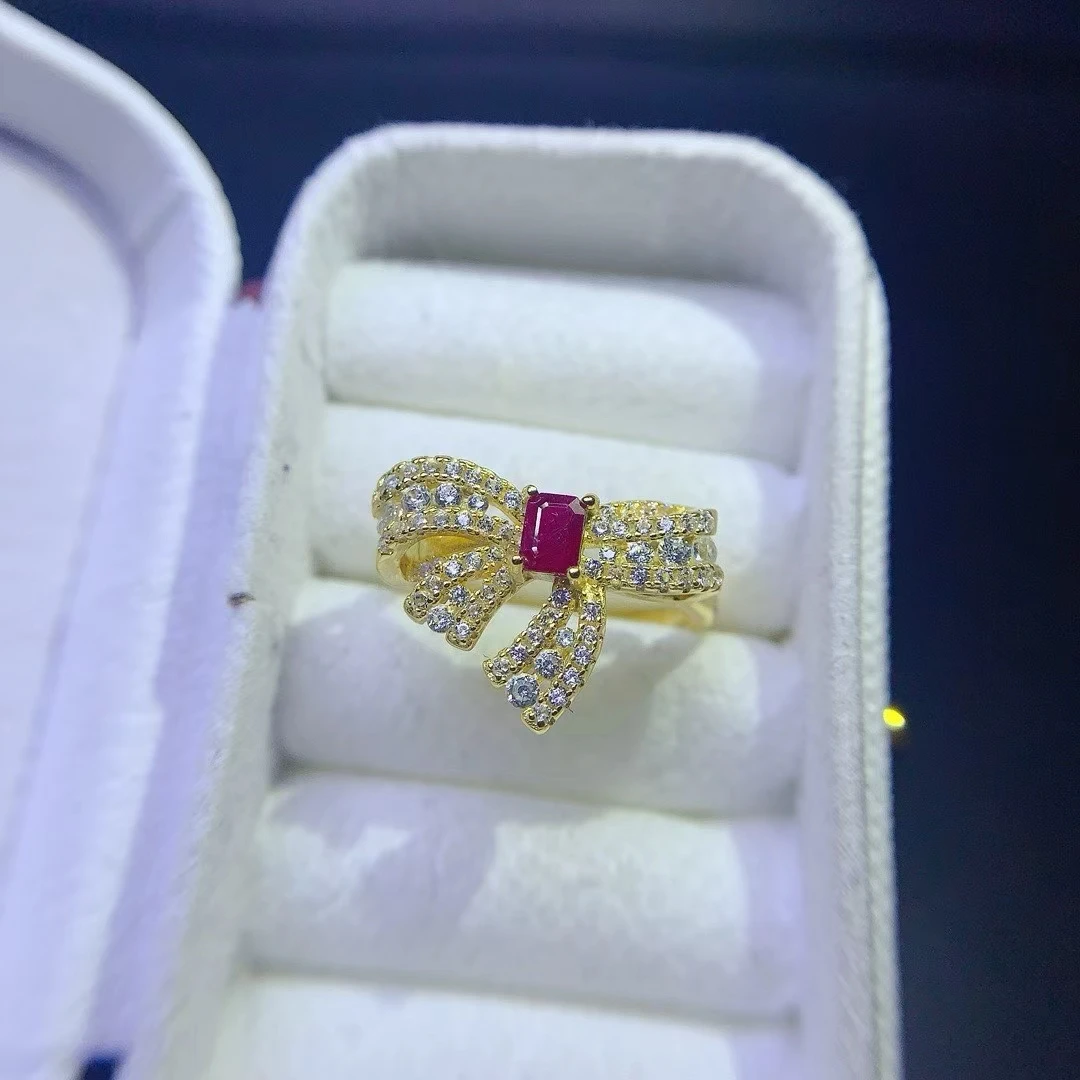 Natural Myanmar Newly Burned Ruby Bowknot Women's Ring S925 Pure Silver Exquisite Inlaid High Clarity Gems Support Testing