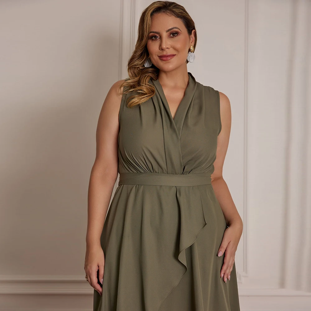 

Plus Size Ruffle Lace-up Women's Dress Elegant Open-Front V-Neck Summer Sleeveless Loose A-Line Office Lady Knee-length Dresses