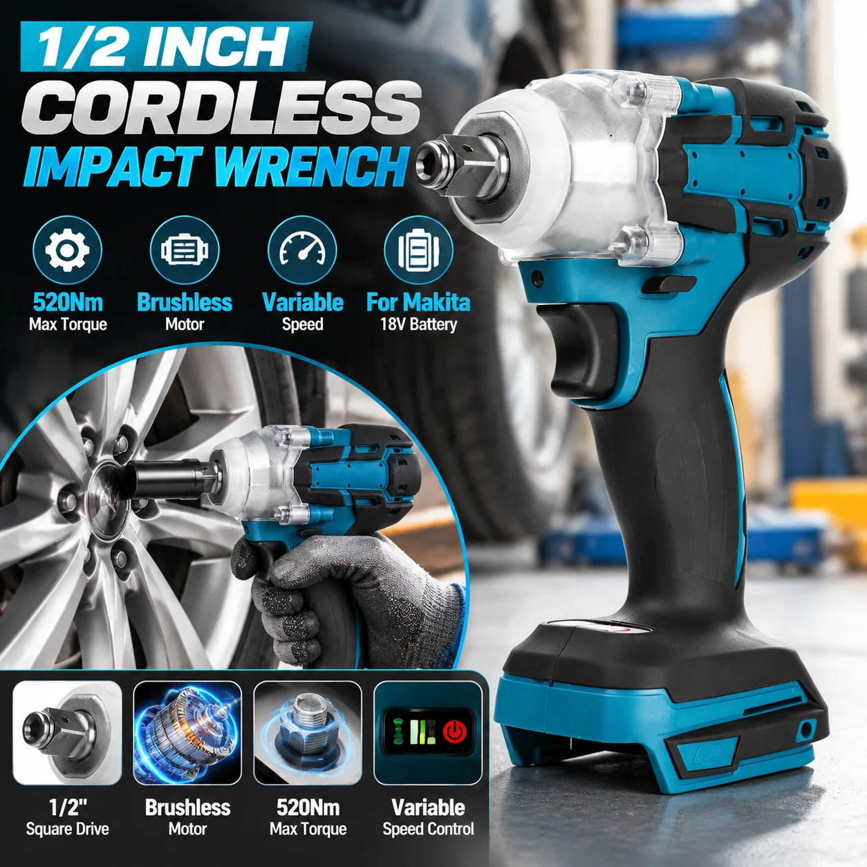 1/2 Inch Electric Impact Gun Power Tool 18V Brushless Impact Wrench 520Nm Cordless Impact Wrench Brushless For Makita 18V Battery For Auto Repair