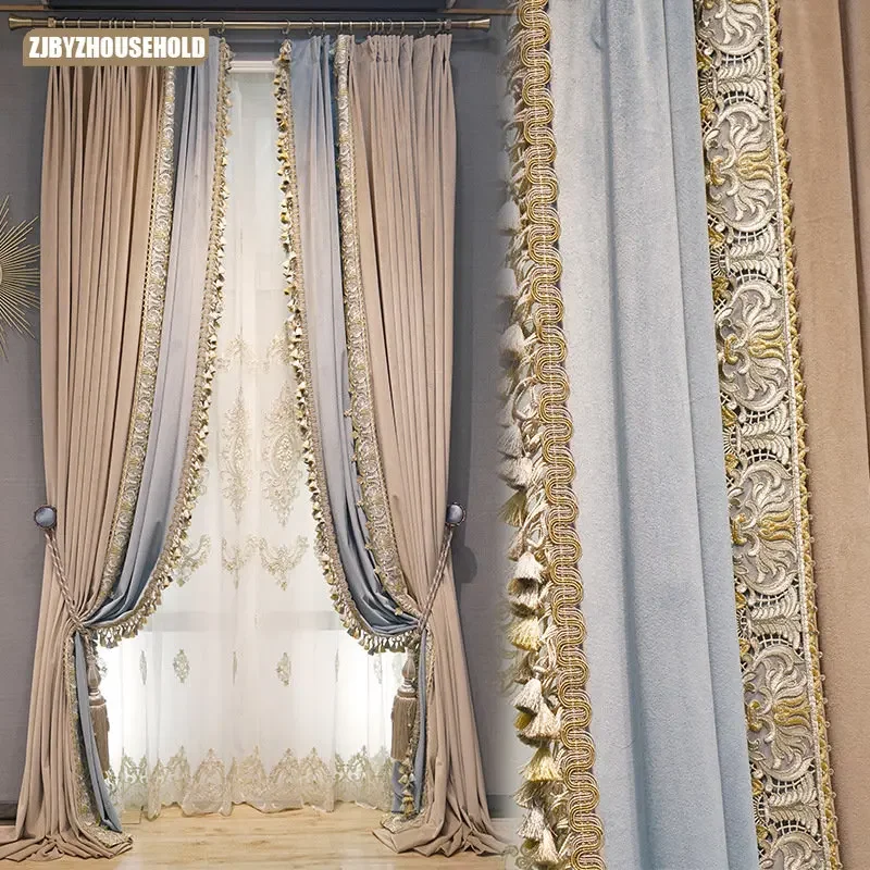

European Embroidery Simple Curtains for Living Dining Room Bedroom Light Luxury Velvet Fabric Texture Neoclassical Bedroom Yarn