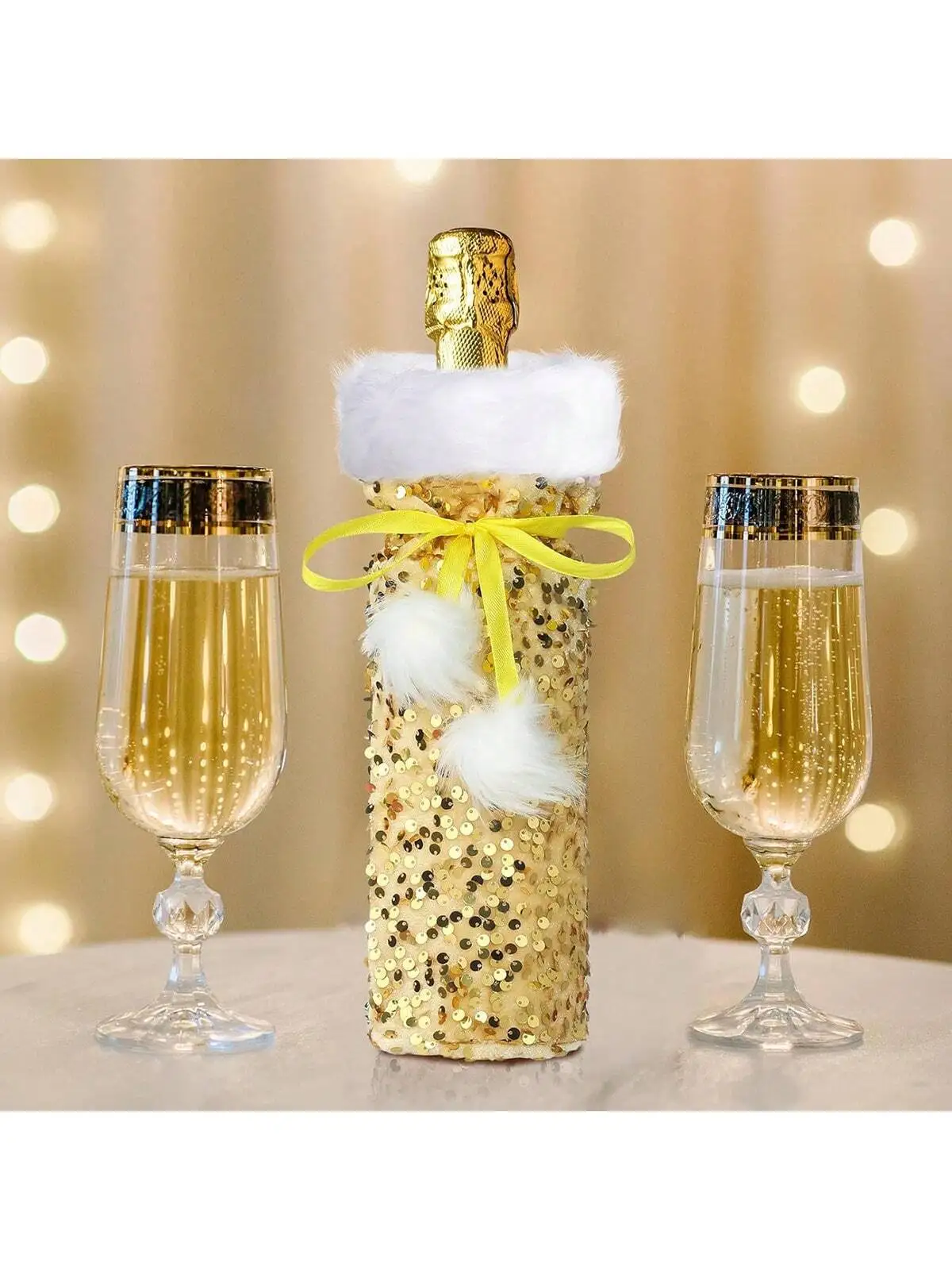 1 Piece Christmas Decorative Shiny Sequin Plush Wine Bottle Cover for Hotel Dining Table Decoration European Style Festive Acces