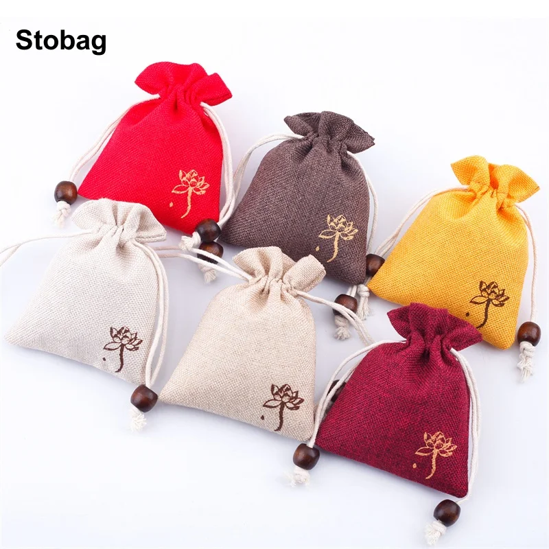 StoBag 50pcs Wholesale Small Linen Drawstring Bag Cotton Sachet Gift Jewelry Package Storage Bundle Pocket Reusable Pouches