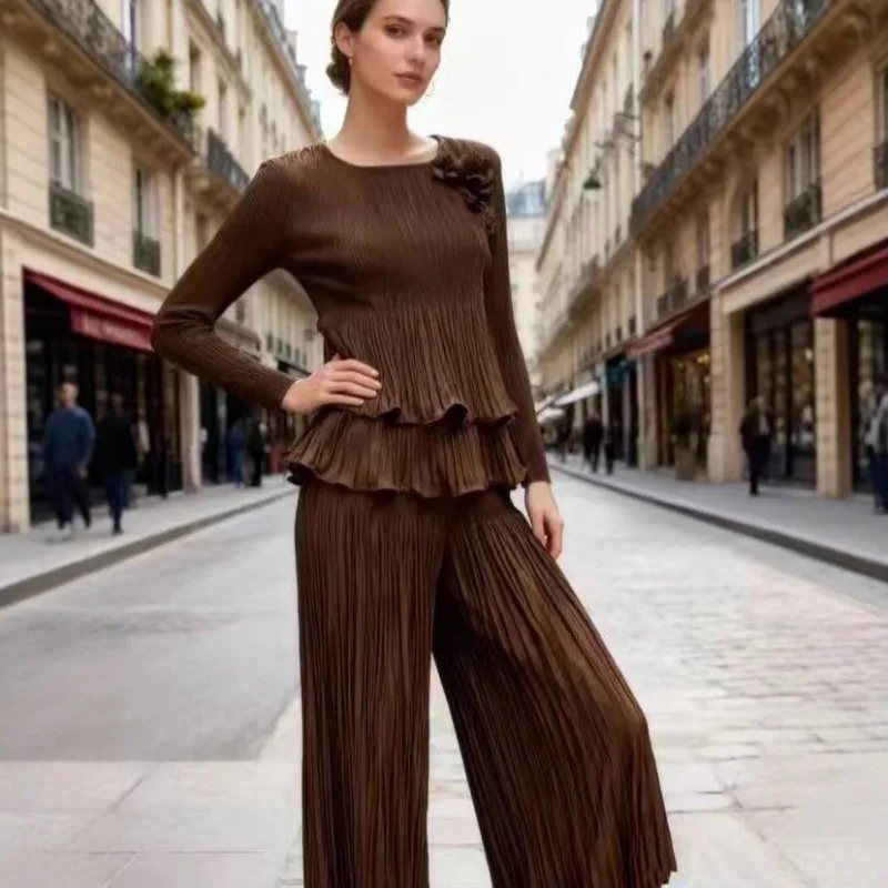 Miyake geplooid broekpak plus size set 2025 herfst nieuwe plisse mode volant top en wijde pijpen broek dames vouw 2-delige set