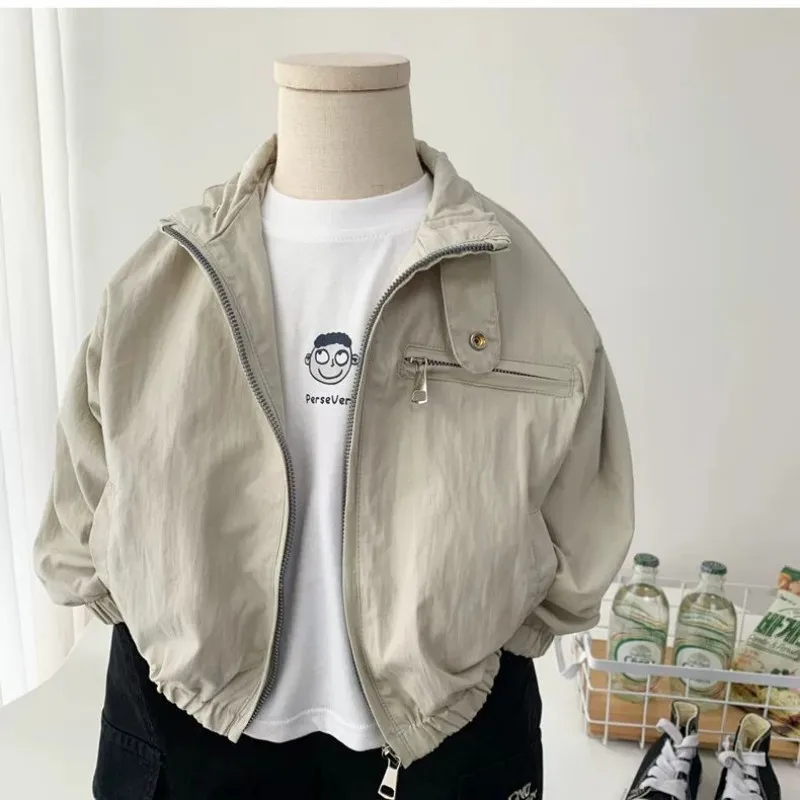 Boys Spring Autumn Jacket 2026 New Stand Collar Zipper Coat Kids Casual Loose Long Sleeve Outerwear