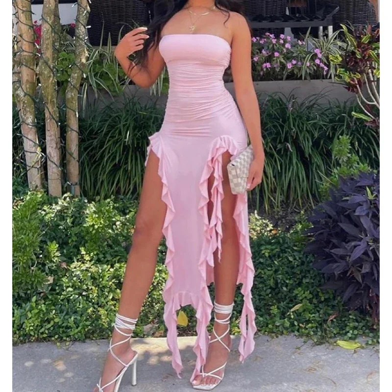 

Women Strapless Sexy Floral Fold Hemline High Slit Mini Dress 2025 Solid Backless Sleeveless Black And Pink Party Dress Vestidos