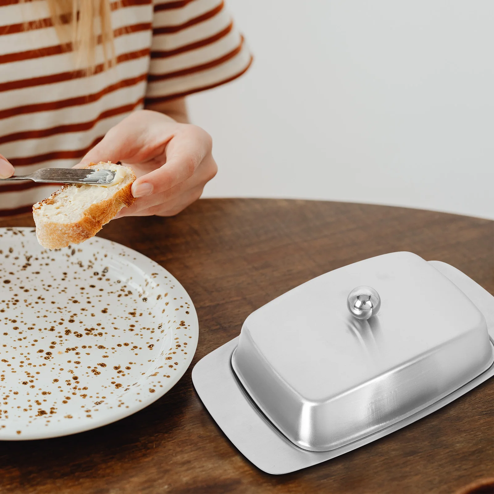 

Butter Box Stainless Steel Covered Plate Handle Tray Removable Smooth Edge Kitchenware Fruit Storage Safe Container Bread Dish