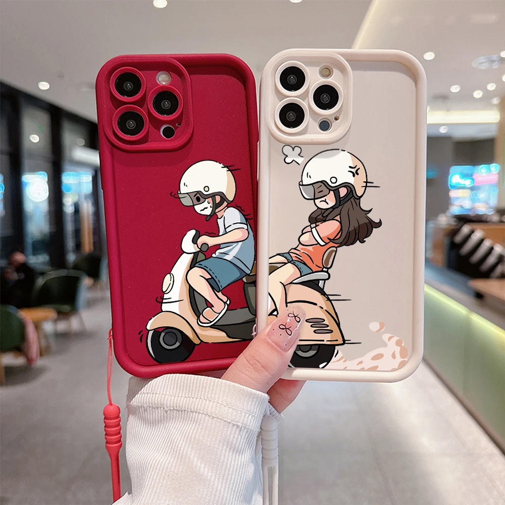 INS Cute Cartoon Riding Couple Phone Case for IPhone 15 14 13 12 11 Pro Max XR XS X 7 8 Plus Soft TPU Back Cover With Hand Strap