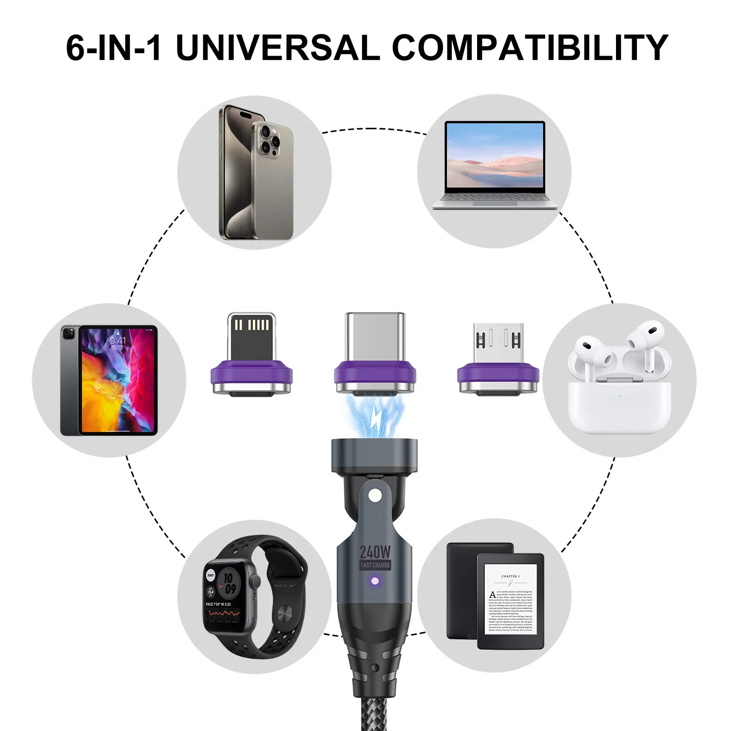 USLION 2 to 3 240W Magnetic Fast Charging Cable 6 in 1 PD3.1 Micro Type C Data Cord for Macbook Pro iPad iPhone 16 15 Xiaomi 14