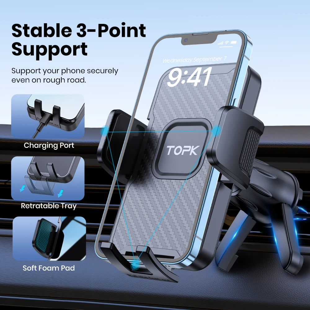 Автомобильный держатель для телефона TOPK для вентиляционного отверстия — регулируемый зажим, совместимый со всеми смартфонами, идеально подходит для использования без помощи рук