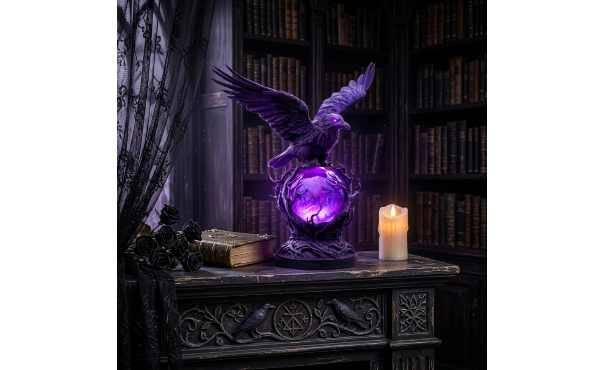 Crow Figurine with Light USB-Powered Crow Lamp Gothic Night Light LED Resin for Goths, Bedroom, Desk