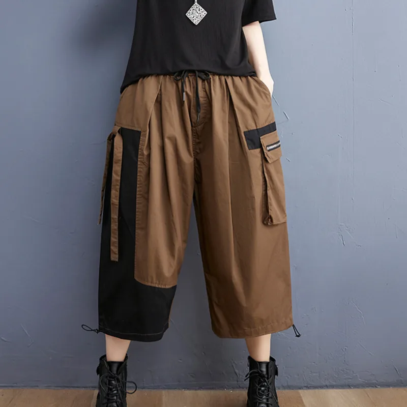 #2939 Summer Cargo Pants Women Casual Joggers Spliced Color Streetwear Hip Hop Pants Side Pockets Loose High Waisted Harem Pants