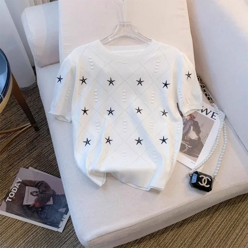 Summer Geometric Printed Short Sleeve Knitted Top Women Vintage Sweet Slim Pullovers Fashion Hollow Out Casual O-neck T-shirt - Image 6
