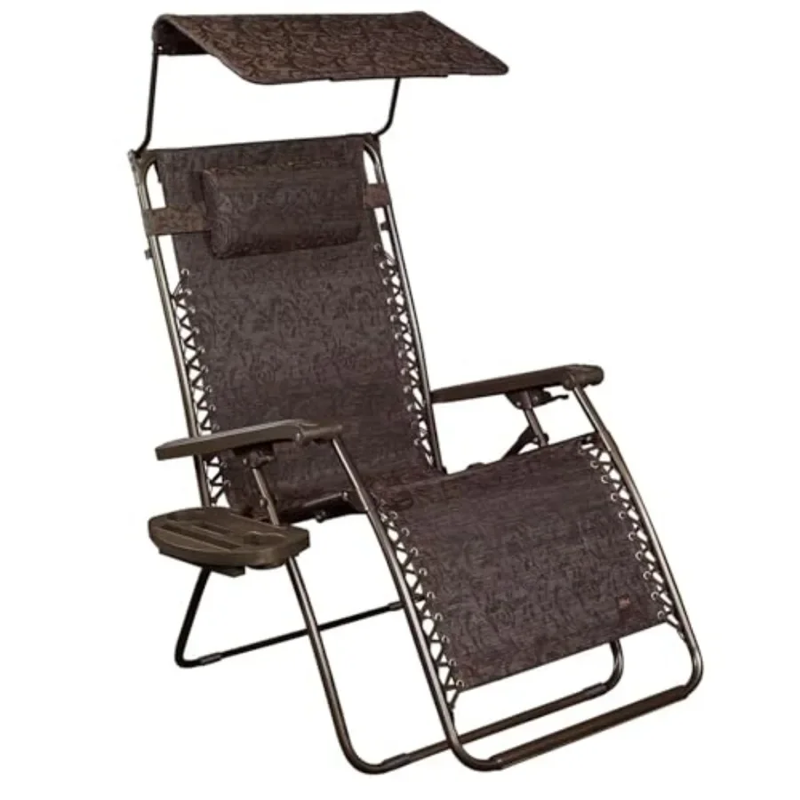 Outdoor lounge chair for patio use, brown aluminum frame with weather-resistant fabric, zero gravity recline, canopy and side t