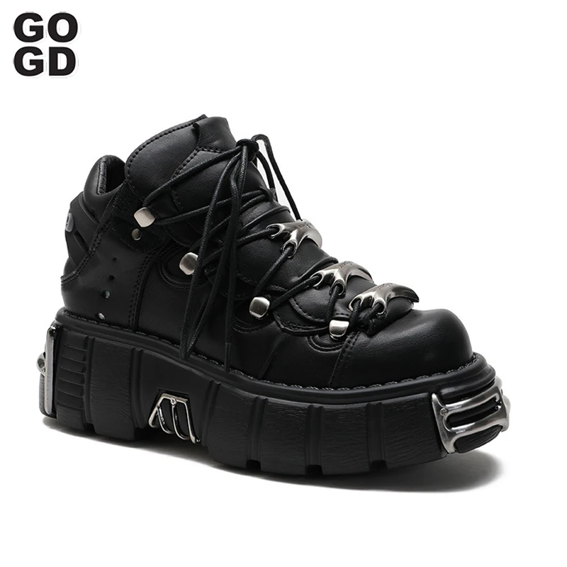 GOGD Designer Women's Ankle Boots Platform New Pumps Gothic Punk Style Thick Sole Motorcycle Boots Y2k Cosplay College Student