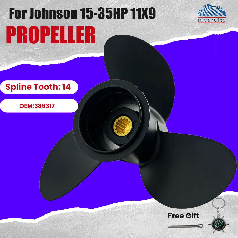 Outboard Propeller Fit Johnson15 20 25 30 35HP Boat Motor 11x9 Aluminum Alloy Screw 3 Blade 14 Spline Tooth 386317