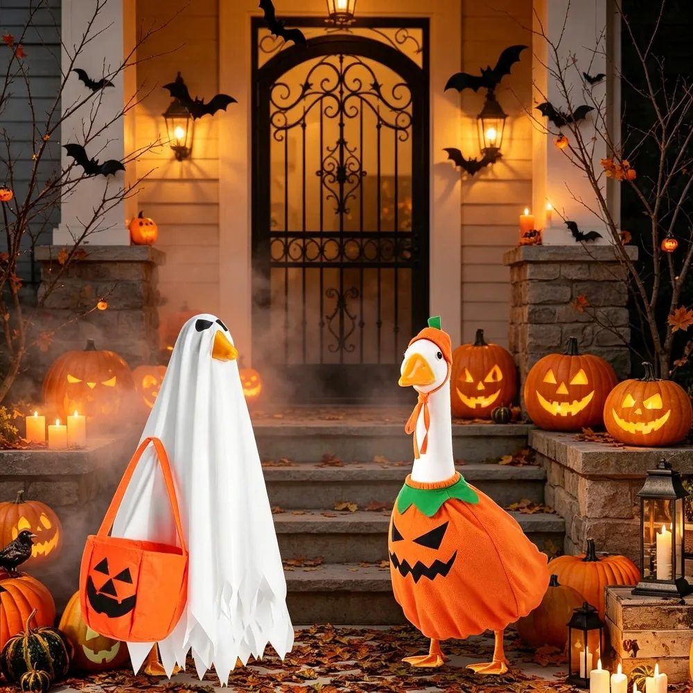 Pumpkin Print Halloween Goose Statue Costume 2 Pack Decor Outfits For 23 Inch Porch Goose Outdoor Yard Holiday Decor Supplies