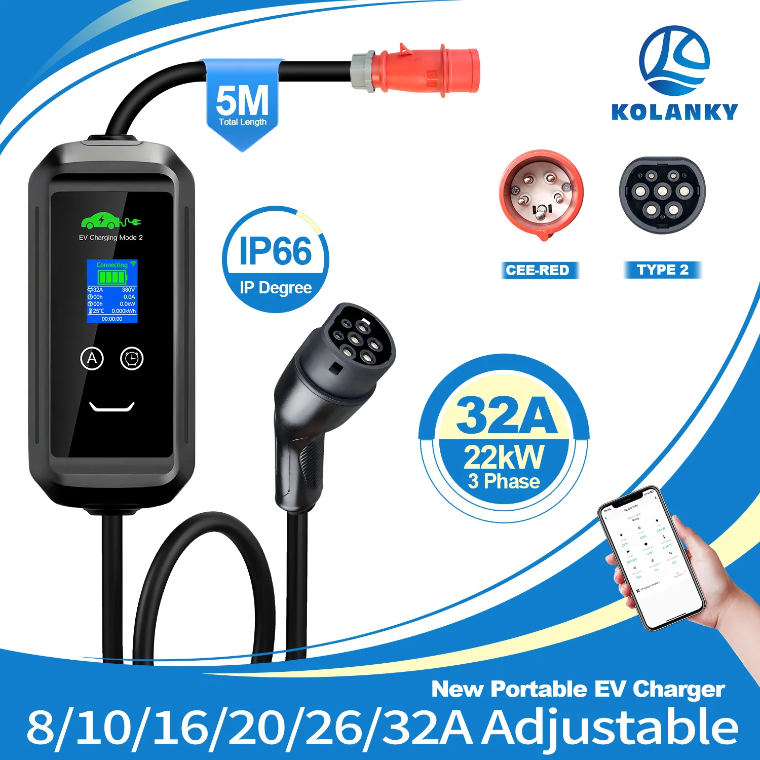 

Kolanky 22KW Wallbox Portable EV Charger 32A 3P Type 2 IEC62196-2 Electric Vehicle Charger for Type2 EVSE Charing with Tuya APP