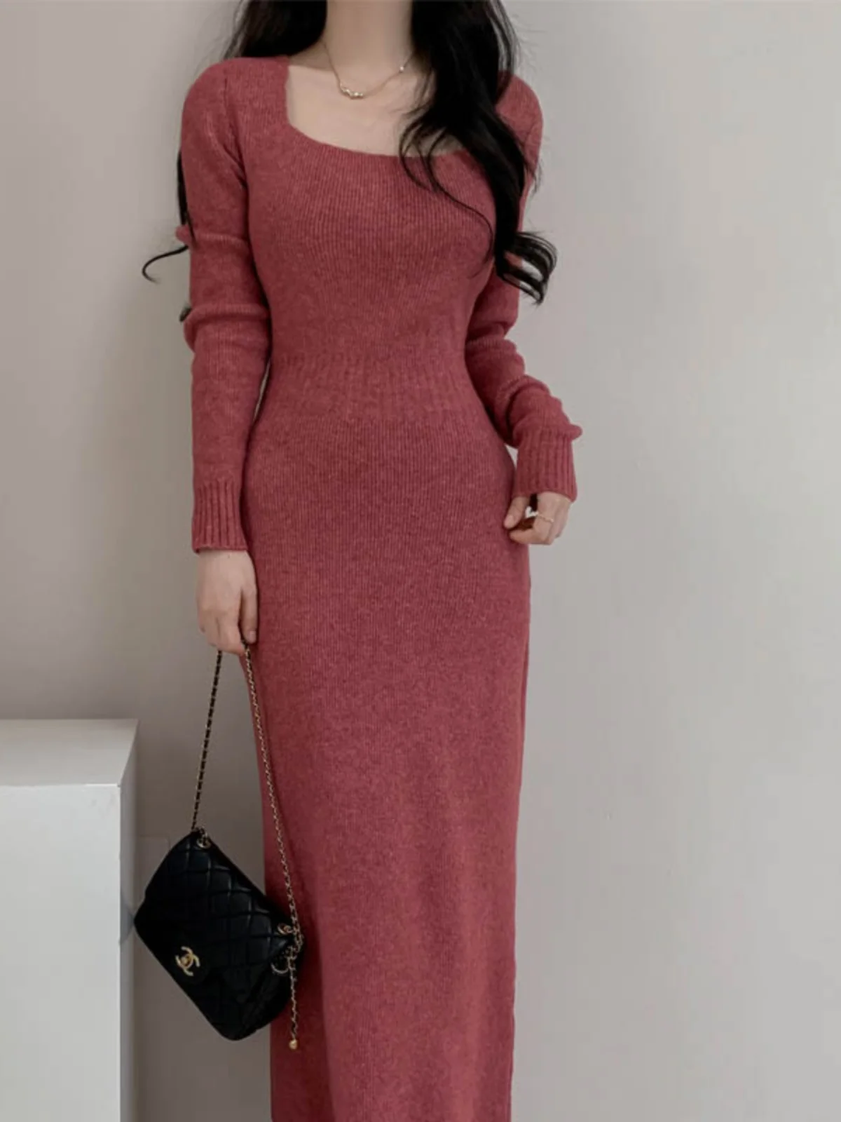 Emagrecimento de malha longa dr gola quadrada camada base camisola dr feminino outono inverno coreano sle cintura alta bodycon saia