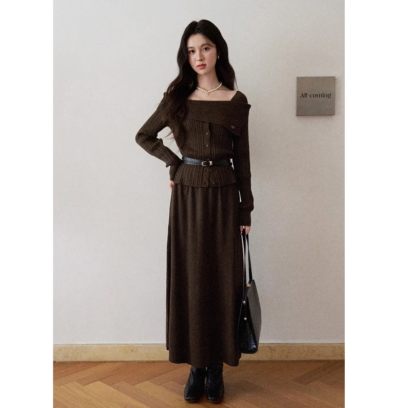 

ALXNAN Brown Women's Skirt Long High-waist Loose-fit Elegant Skirts 2025 Fall Elastic Waist Office Lady Casual Skirt L58030