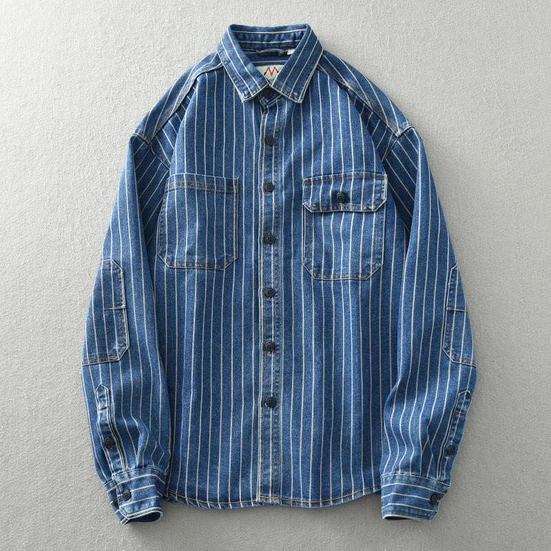 Vertical Striped Denim Shirt Men 2024 Spring Retro Long Sleeve Patch Pockets 100% Cotton Heavyweight Work Wear Loose Jeans Tops