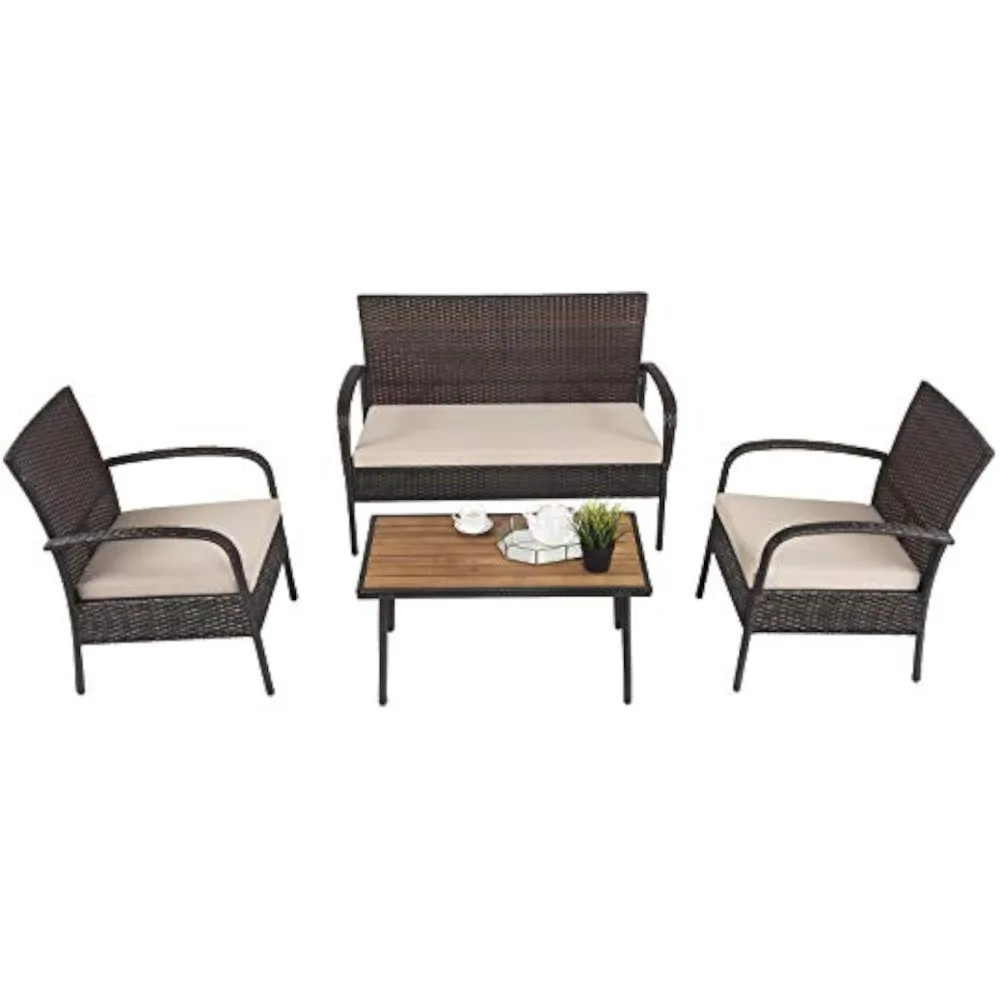 

4PCS Patio Rattan Furniture Set Outdoor Conversation Set Coffee Table w/Cushions