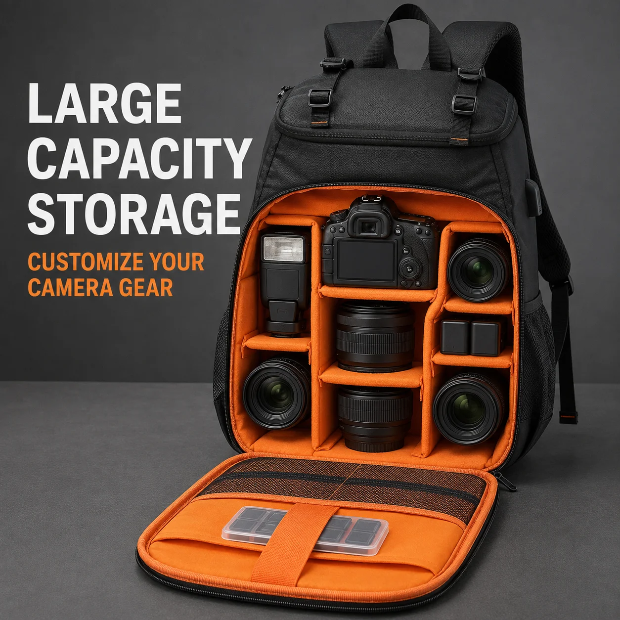 Camera Backpack Shock-proof Waterproof Photography Daypack With Padded Dividers Laptop Sleeve USB Port For Travel Hiking Camping