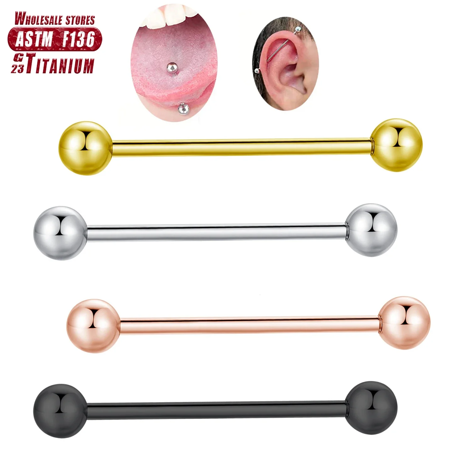 ASTM F136 Titanium Industrial Barbell Balls Tongue Ring Lip Nipple Bar Stud 16G/14G Straight Helix Ear Bar Piercing Body Jewelry