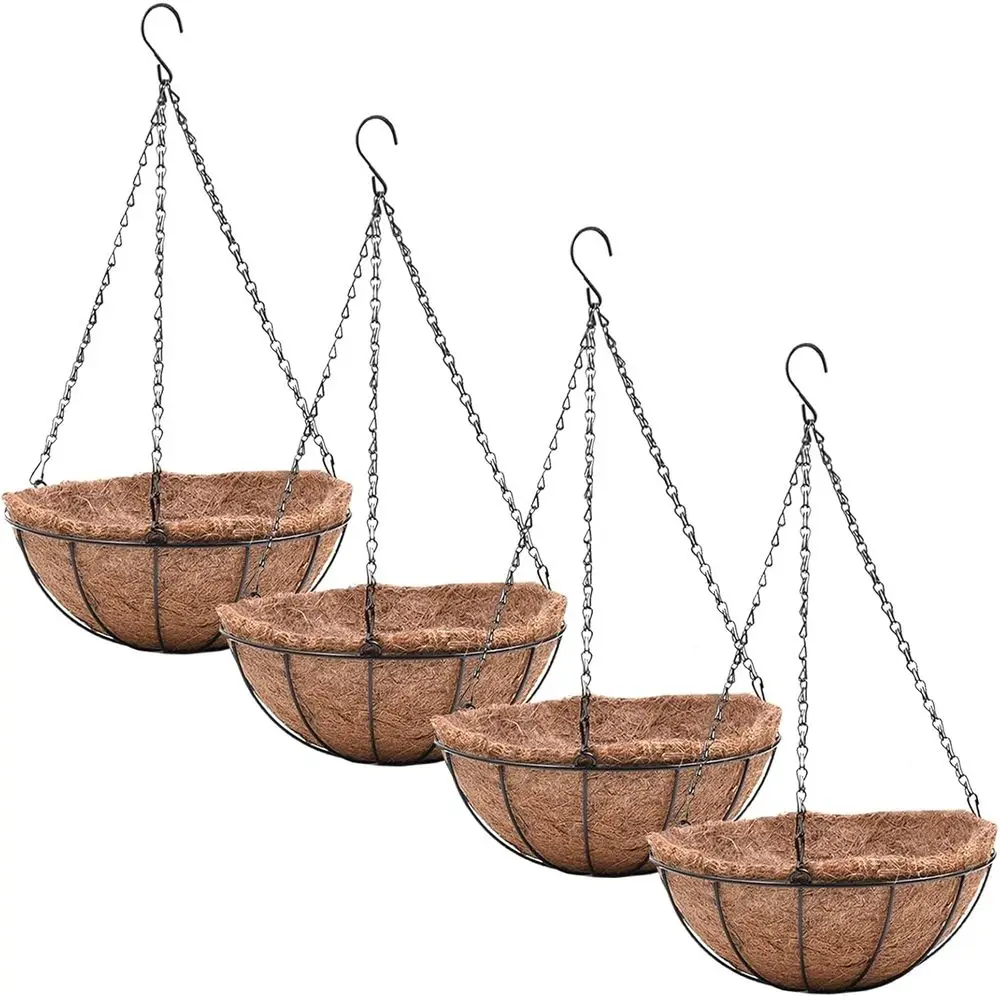 4-Pack 8 Inch Round Hanging Plant Baskets with Chain and Liner for Outdoor Decor