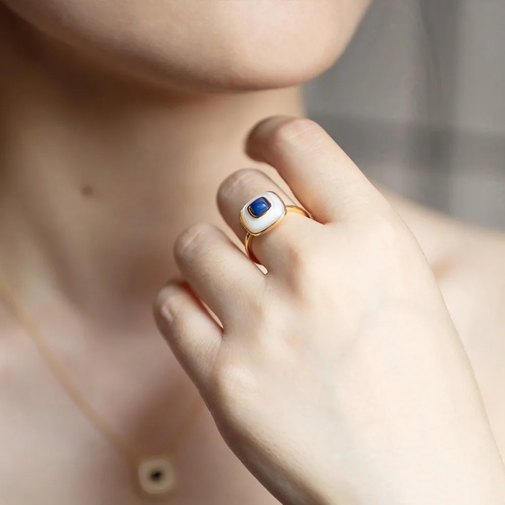 اللازورد وأم اللؤلؤ مربع قابل للتعديل حلقة مفتوحة الحد الأدنى مطلية بالذهب بيان مجوهرات هندسية للنساء