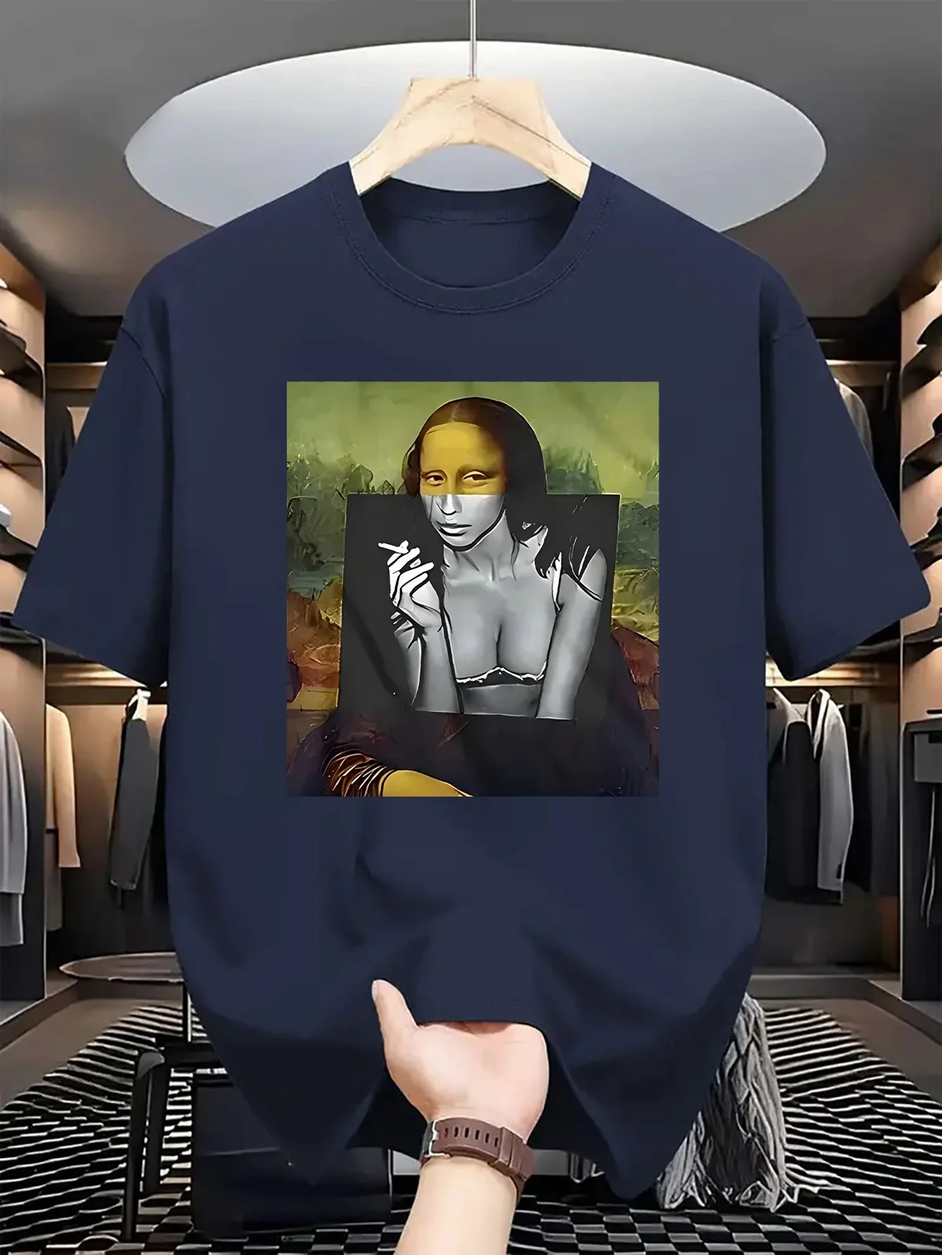 الرجال الإبداعية الموناليزا الفن تي شيرت مطبوع مضحك الفكاهة الرجعية قصيرة الأكمام لينة تنفس قصيرة الأكمام الشارع Harajuku الهيب هوب