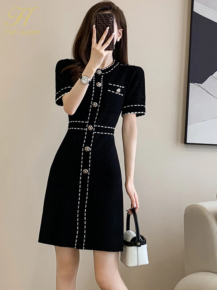 H Han Queen Fashion Summer Dresses 2024 Short Sleeve Color Blocking Vintage Vestidos Simple Knitted Casual Office Women\'s Dress