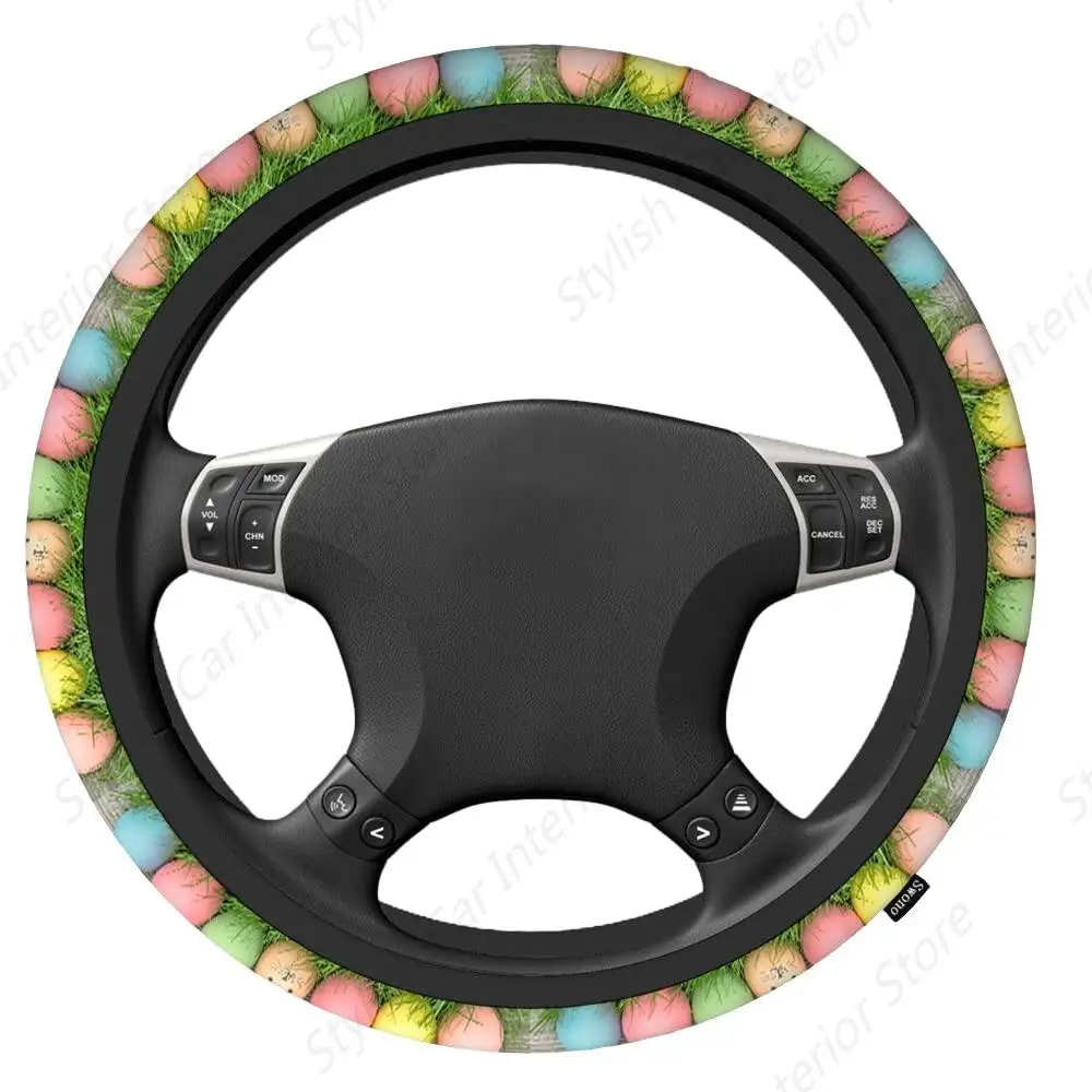 Wood Auto Car Steering Wheel Cover Colorful Easter Eggs Bunny Ears Grass Wooden 15 Inch Steering Wheel Protector Case