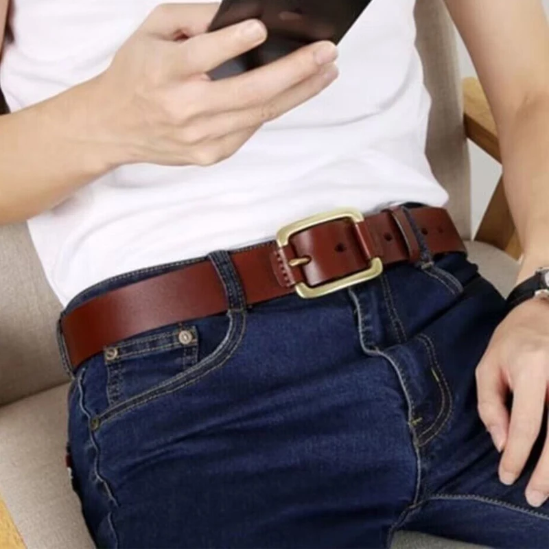 Ceinture de pantalon en cuir véritable pour homme, cuir de vachette pur, haute qualité, structure en laiton, affaires, décontracté, environnement
