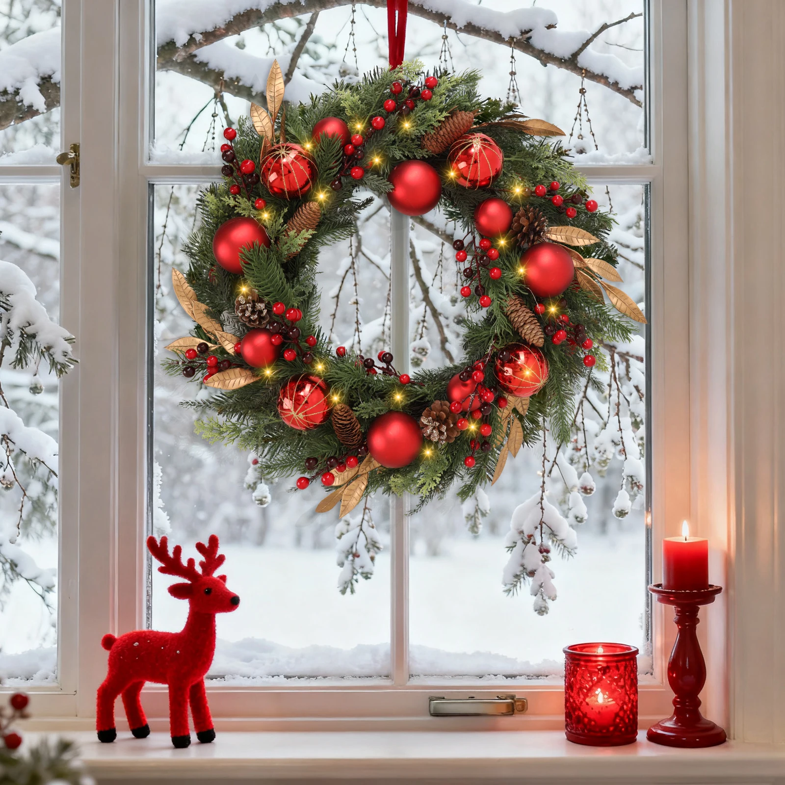 

24" Wreath Battery-Operated LED Christmas Decor with 50 Led Lights Adorned with Shatterproof Berries & Balls for a Festive Wel