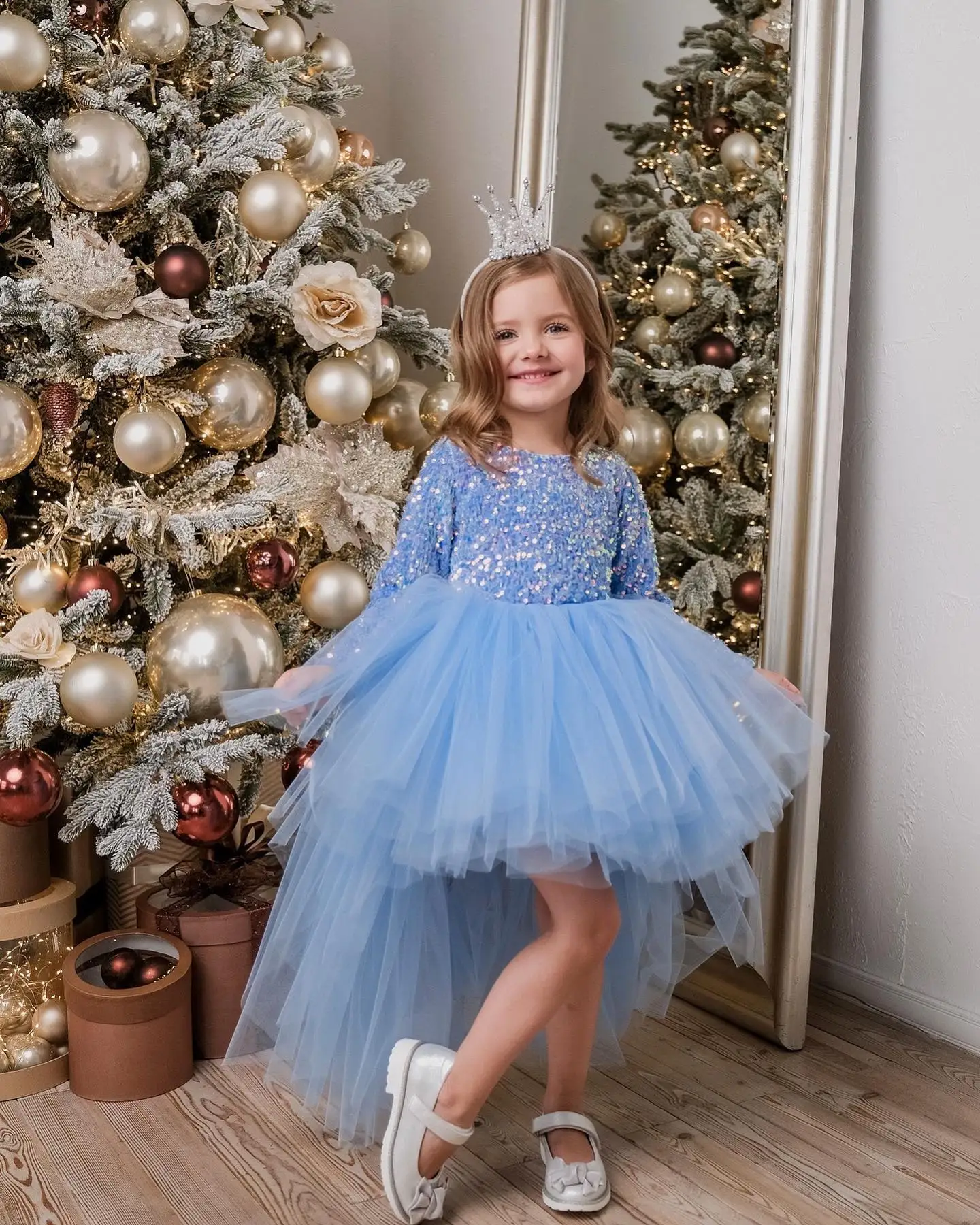 

Girl princess dress blue birthday party beauty pageant dress sequined girl tutu skirt short in front and long in back