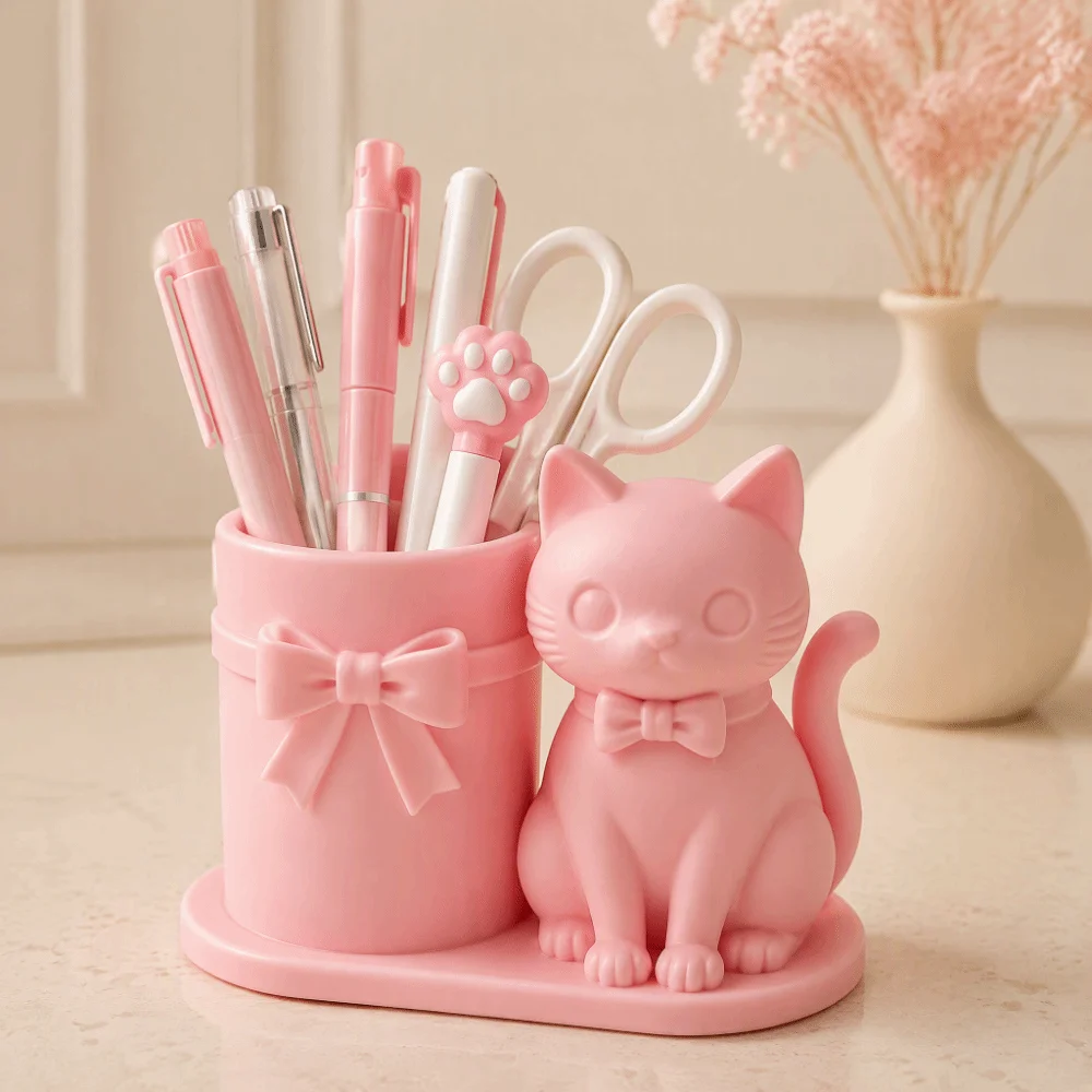 Cute Cat Shaped Pen Holder 3D Printed Creative Design Pencil Cup Multifunctional Bow Decor Makeup Brush Organizer Office Desk