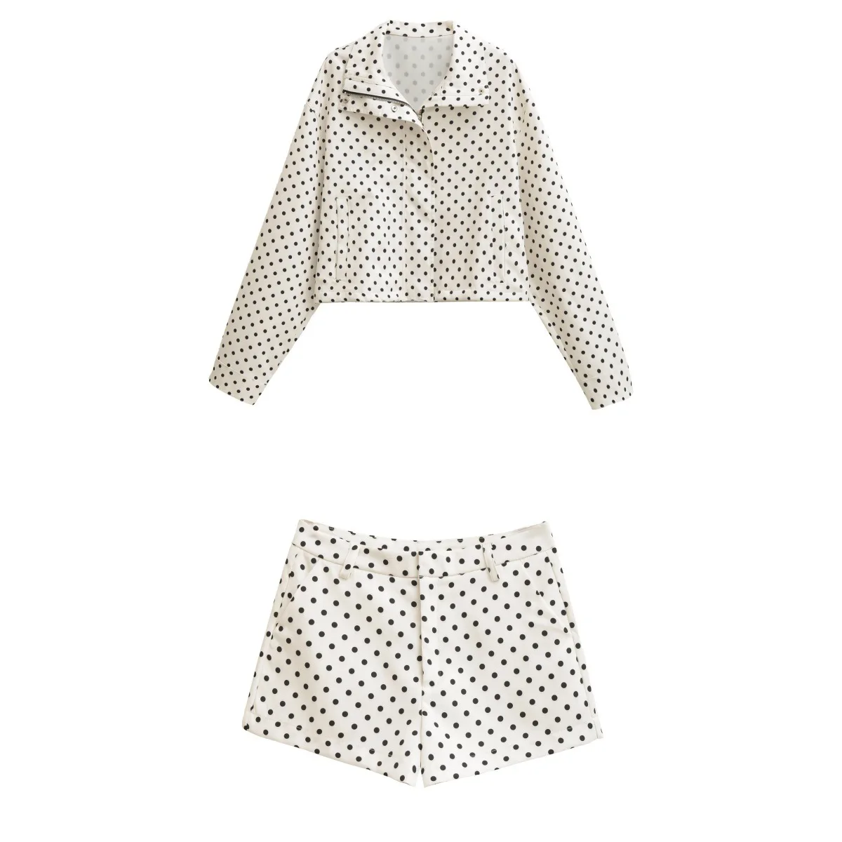 Feminino polka dot manga longa gola jaqueta shorts conjunto outono moda outerwear elegante senhora estilo cruzando fronteira comércio