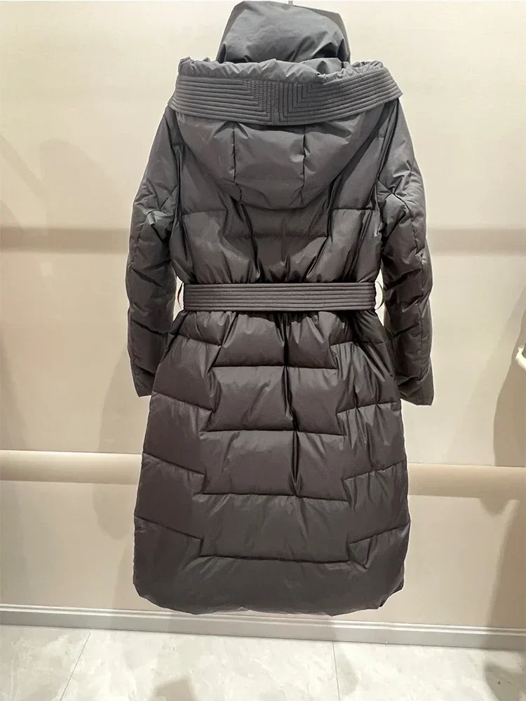 2023 neue Winter frauen weiße Enten Daunen lange Jacke mit Gürtel weiblichen dicken warmen Mantel schlanke Parka Kapuze Outwear