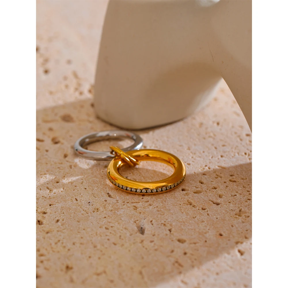 Yhpup Trendy Double Layered Round Stackable Ring for Women 316L Stainless Steel Inlaid Zirconia Charm Finger Jewelry 2025