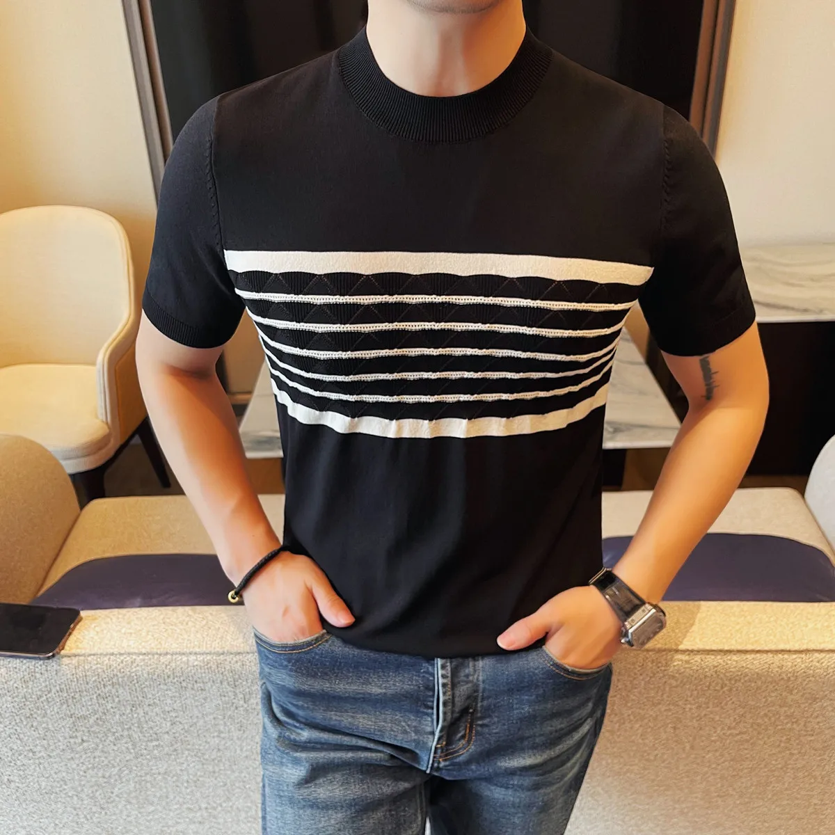 KoreanSummer Knitted Ice Silk Short Sleeved T-shirt for Men Striped Round Neck Casual Business T-shirts Slim Streetwear Social