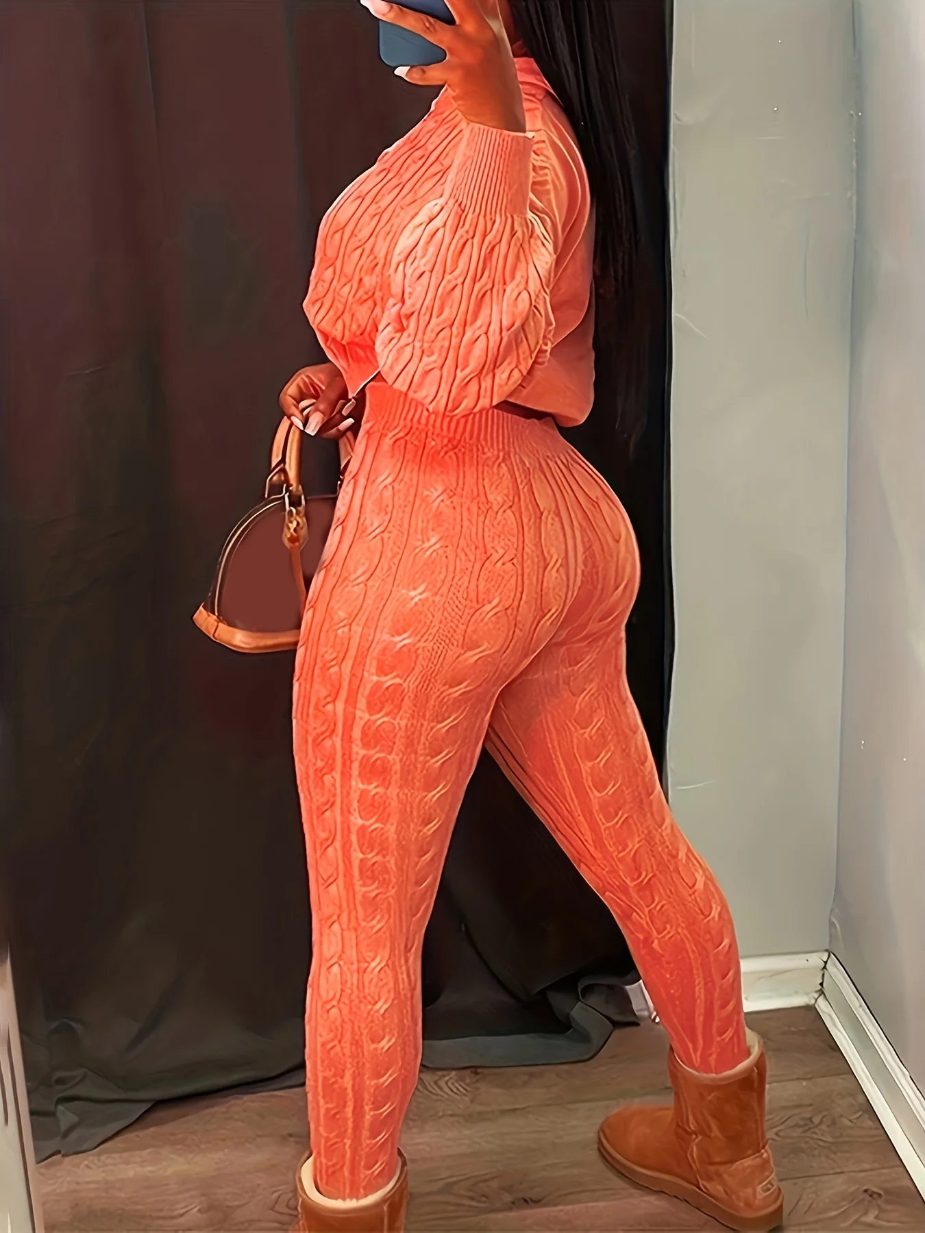 two-piece Women\'s Solid Knitted Set Long Sleeve Hooded Cardigan and Elastic Waist Pants Outfit for Comfort and Style