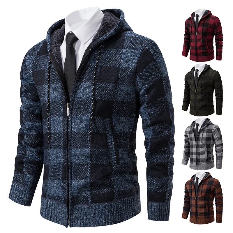 

Men's Autumn Winter Cardigan Fashion Plus Velvet Padded Knit Jumpers Male Sweater Hooded Plaid Korean Luxury Brand New Men Coat