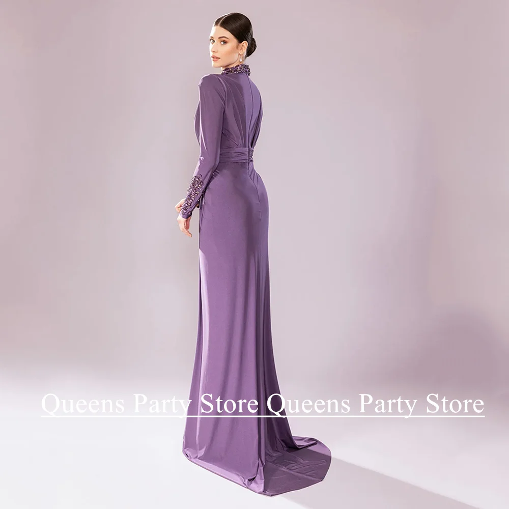 Saud Arab Evening Dress Customized Round Neck Long Sleeves Beading Stone Front Split Formal Occasion Dresses Party Gown