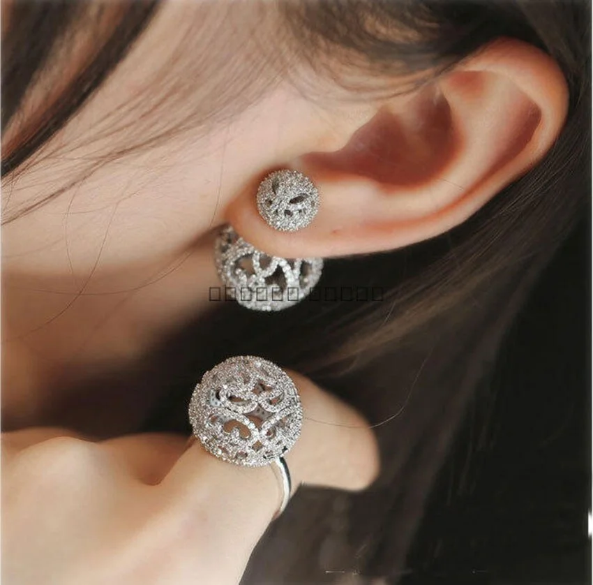 Korean Fashion Full Micro Zircon Pave Double Sided Hollow Balls Jacket Earrings for Women Trendy Costume Jewelry Pendiente Mujer