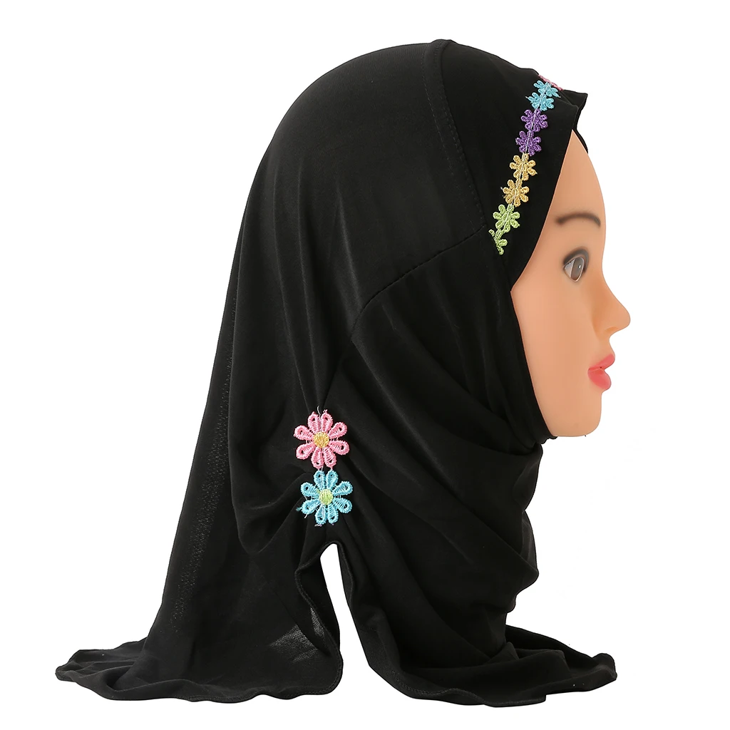 H041 Fit 2-5 years old small girl cute hijab cap with flower beautiful muslim scarf islamic headscarf hat amira pull on headwrap