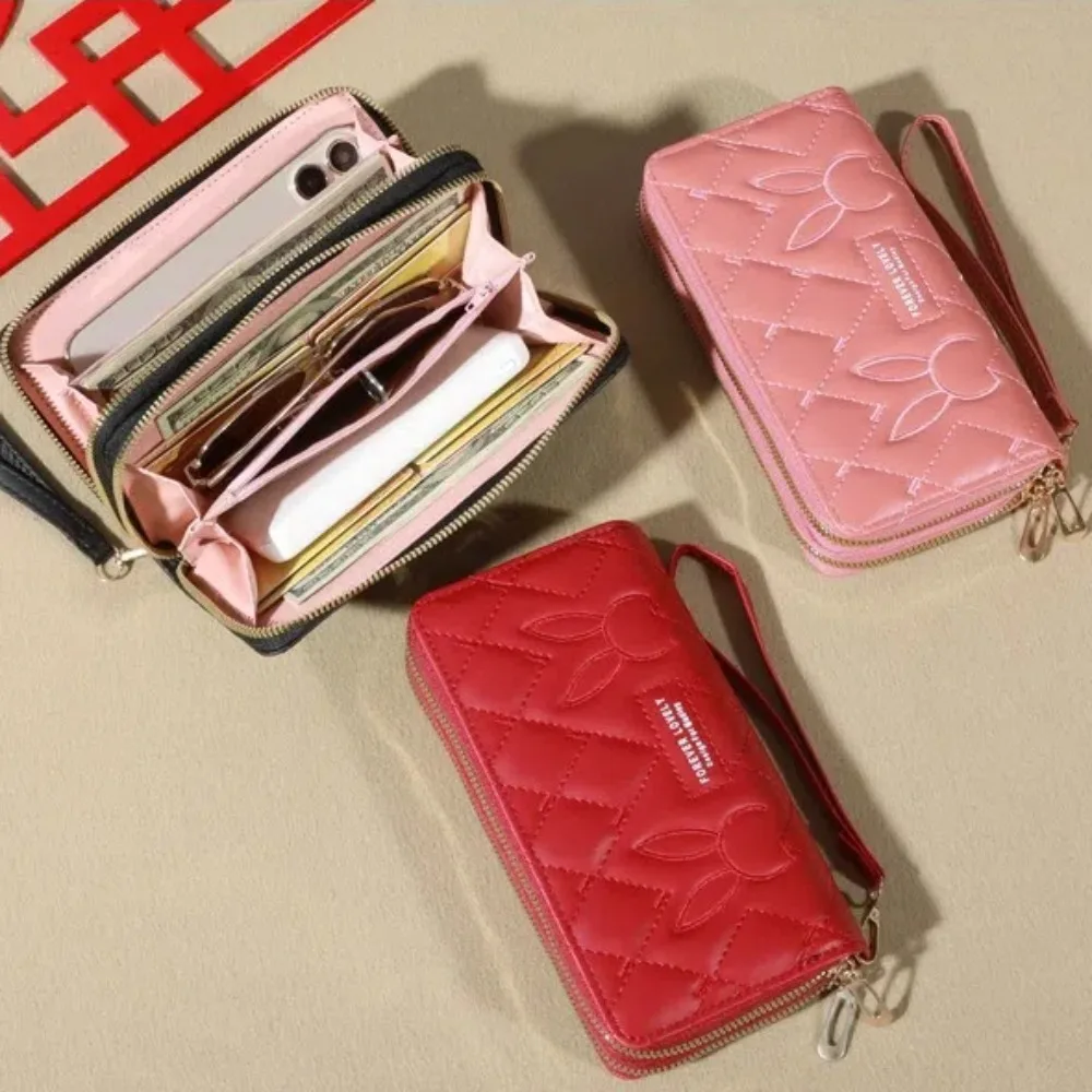 

Premium Solid Color Long Wallet With Wristband Multi-functional Double Zippers Clutch PU Leather Women's Wallet Travel