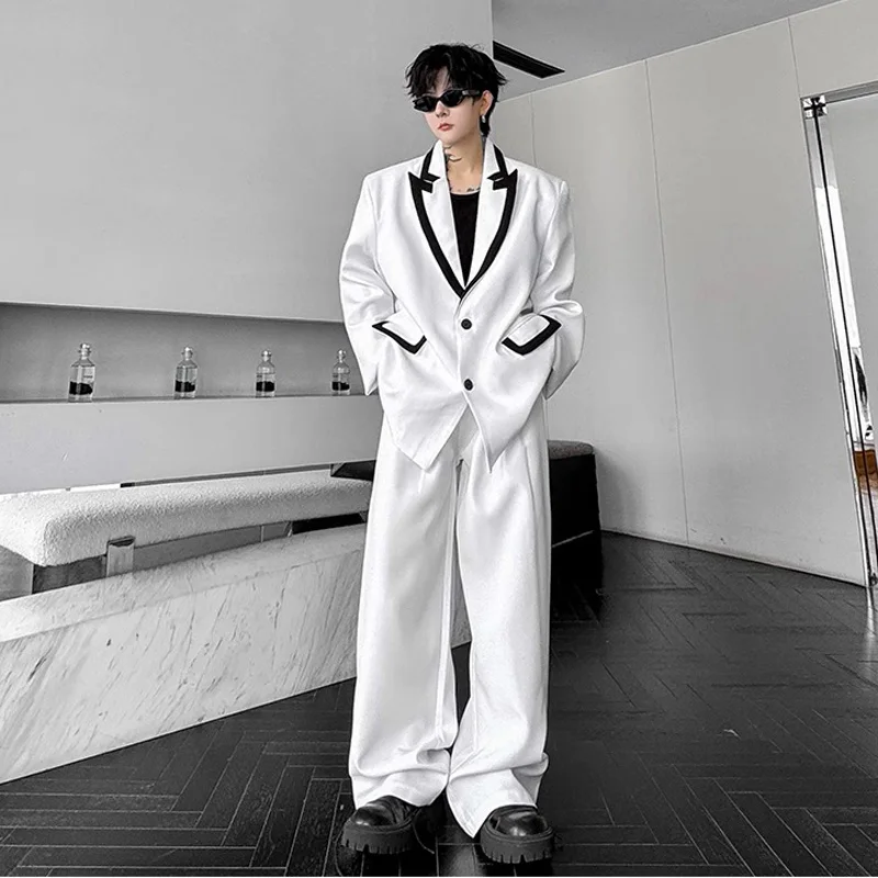 Fashion Retro Black White Splice 2 Piece Suits Men Streetwear Loose Casual Suit Blazer Jacket Pant Sets Boyfriend Party Suits